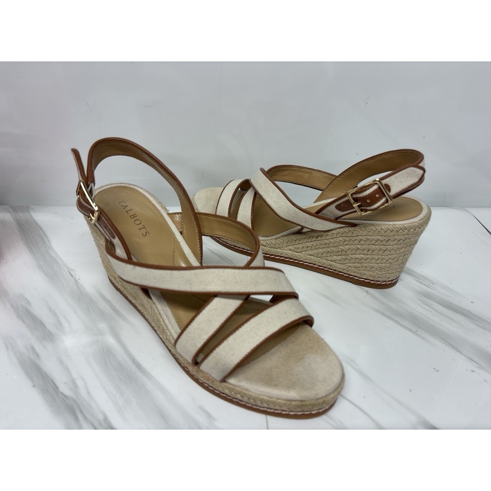 Talbots Saylor Strappy Espadrille Tan / Brown Canvas Wedge Sandals Shoes Size 9M